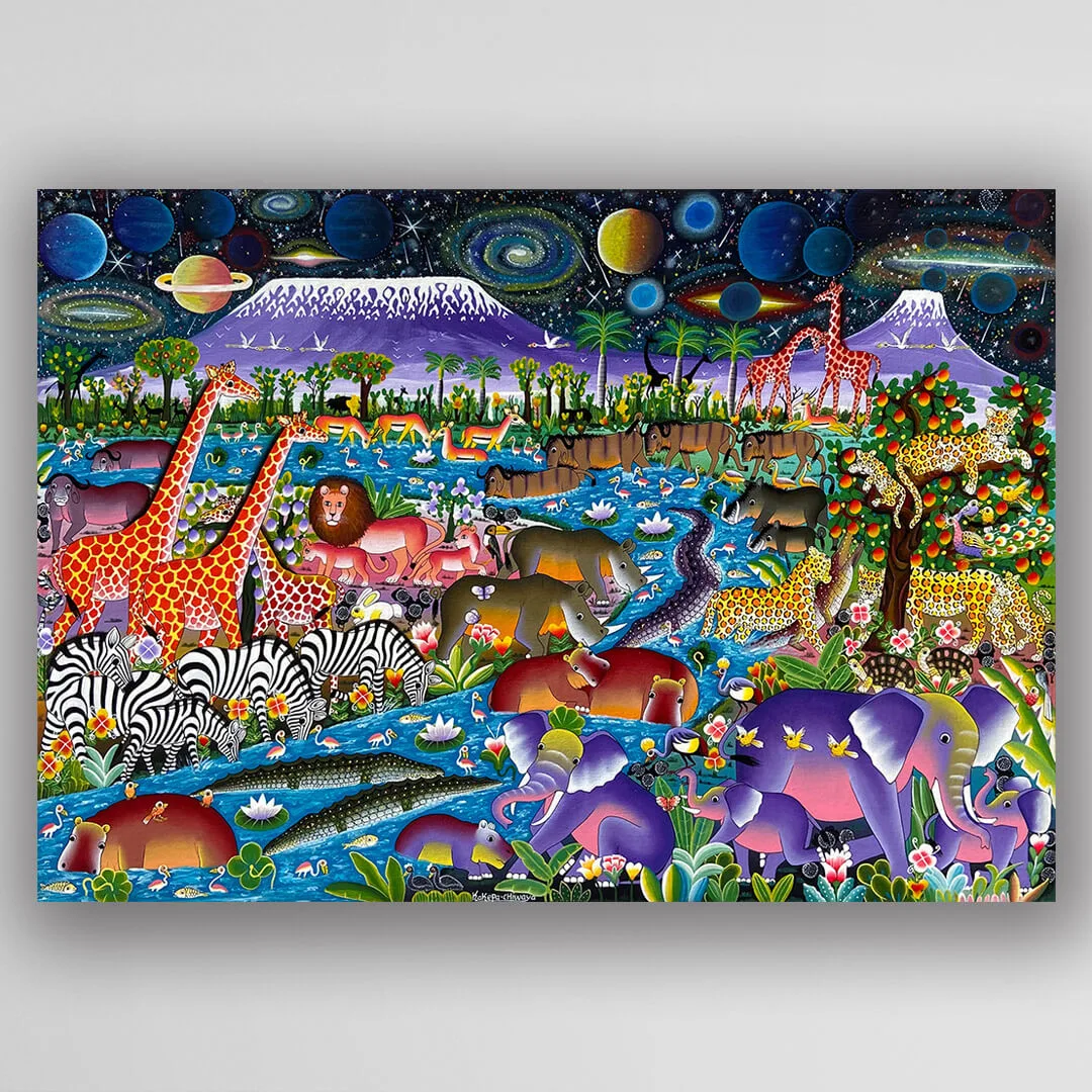 非洲藝術畫作《薩凡納星夢》坦尚尼亞 Tinga Tinga 畫家 Kakepa 手繪 - 凡卡藝廊