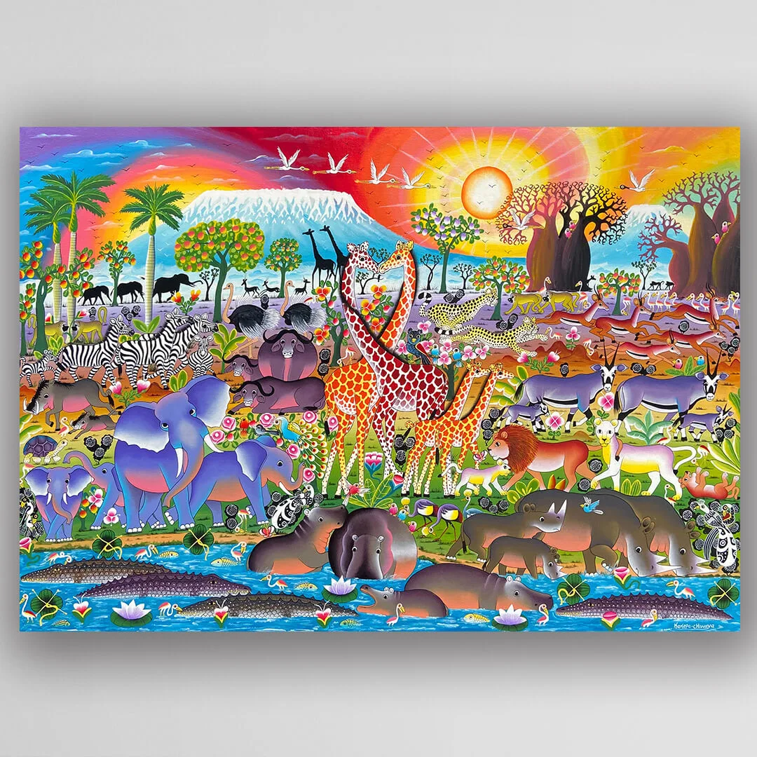 非洲藝術畫作《V638 薩凡納的晨光盛會》坦尚尼亞   tingatinga 畫家 Kakepa 手繪 - 凡卡藝廊